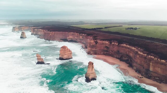 The Twelve Apostles, Port Campbell National Park. Collection of limestone stacks off the shore of Victoria coastline. Slow motion