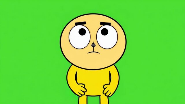 Cartoon character looking upwards with disappointed expression against green screen background for animation and design assets