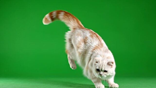 A fluffy light-colored cat with orange markings is captured mid-action, pouncing or jumping against a vibrant green studio background.