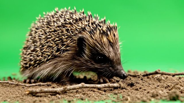 A close-up shot of a small hedgehog with brown quills on dirt with twigs, against a vibrant green background.
