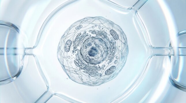 A detailed microscopic view of a single biological cell structure floating within a clear, futuristic fluidic laboratory environment.
