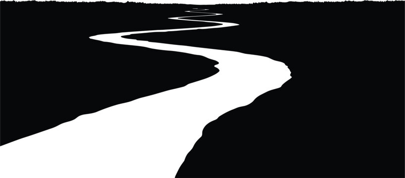  Minimalist Black and White Winding River Silhouette Vector Illustration with Curved Flow Path and Jagged Horizon for Journey Nature Mystery and Abstract Designs