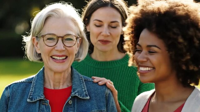 Group of Diverse Women of Different Ages and Ethnicities Laughing Together Outdoors in a Sunny Park - Diversity Concept
