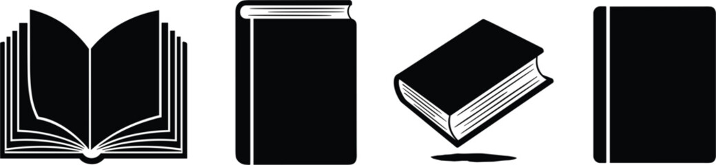  Minimalist Black Book Icons Vector Set with Open Closed Upright Angled and Flat Variations for Reading Library Education and Publishing © MDTAREK