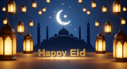 Obraz premium A serene nighttime scene of a mosque with lanterns and a crescent moon, celebrating Eid.
