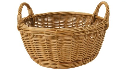 Obraz premium Empty round woven wicker basket with two handles isolated on white background