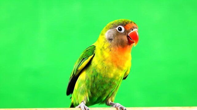 Close-up of a vibrant green and yellow lovebird with an orange face and red beak perched against a bright green background.