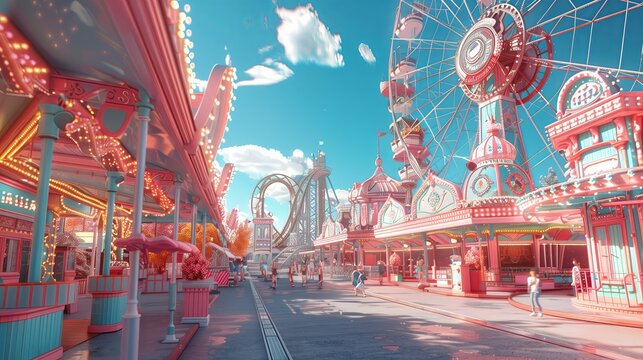 Pastel dreamland amusement park with towering Ferris wheel, exciting roller coaster, and people enjoying a bright day