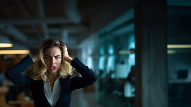 inner mind of angry businesswoman struggling with self criticism, stressed business woman facing inner conflict and negative thoughts, frustrated professional woman experiencing self doubt 
