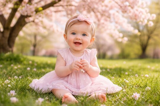 Smiling baby girl in pink dress sitting on green grass under blooming cherry trees in sunny spring garden