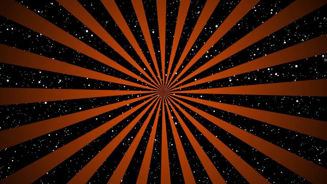 Seamless black and rust orange rotating abstract radial Sunburst with stars background loop animation.