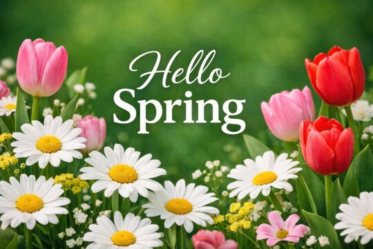 Hello Spring greeting with red tulips and white daisies on green blurred background, spring holiday card