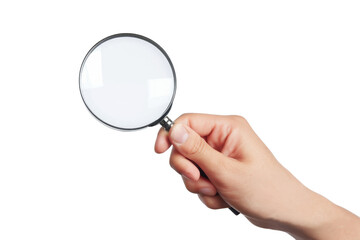 magnifying glass held by hand on white background