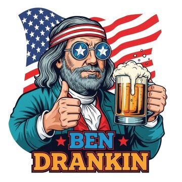 Ben Drankin cartoon character holding beer with American flag