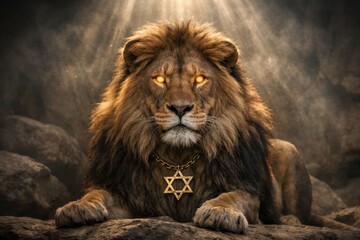 Obraz premium Powerful lion with glowing eyes wearing gold star symbol in dramatic light scene dark sun
