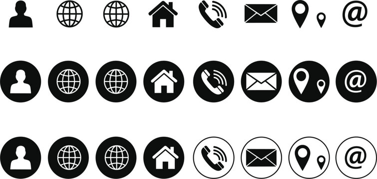  Sleek vCard Mobile Web Contact Icons Vector Set with Profile Globe Home Phone Mail Location Pin and At Symbol in Badge and Outline