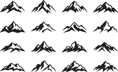 Vector illustration bundle of sixteen mountain silhouette icons featuring diverse peak shapes, slopes, and natural landscapes for outdoor adventure, hiking, travel, and wilderness design themes © Hello World