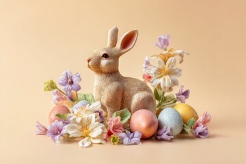 Easter bunny figurine among spring blooms