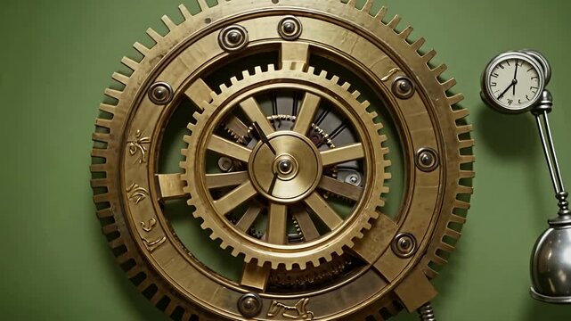 Golden Gear Mechanism with Pendulum Clock on Green Background