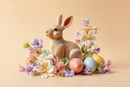 Easter bunny figurine among spring blooms