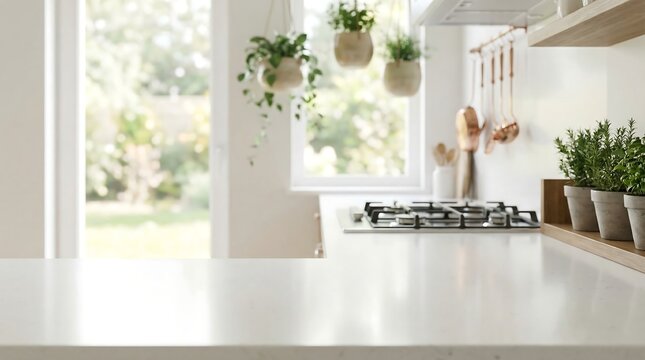 An expansive, clean white kitchen countertop stretches invitingly, with a modern stove and a large window offering a serene garden view.