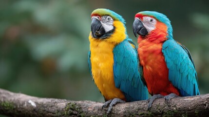 Two vibrant blue-and-gold macaws perched on a tree branch in their natural habitat