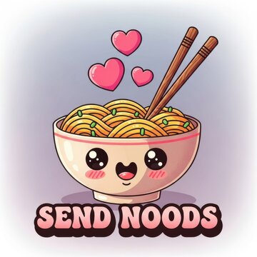 Cartoon bowl of noodles with chopsticks and hearts, smiling face, send noods text, vector flat design