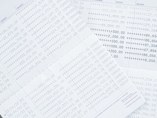 Fototapeta premium Bank account book statement balance number cash, data investment debt math in office, bill receipt and payment business credit card account, check paper financial loan tax concept.