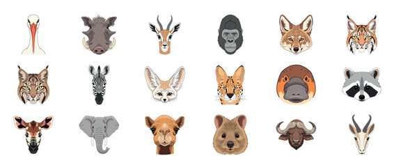 Fototapeta premium Collection of various animal faces including lion, giraffe, and zebra