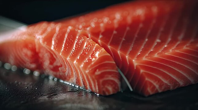 Fresh Raw Salmon Fillet Being Sliced on a Cutting Board, Close-up Macro Shot of a Beautifully Marbled Fish