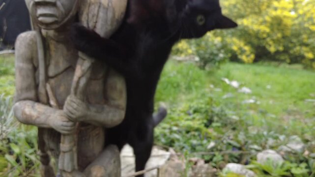 Black stray cat on green grass knocking over a traditional African wooden statue and running away. Action shot, dynamic movement, mischief and curiosity concept.