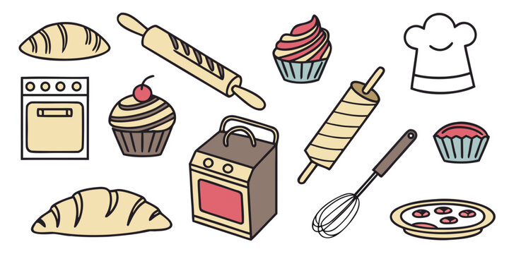 A delightful assortment of pastries and baking tools on a white background Vector