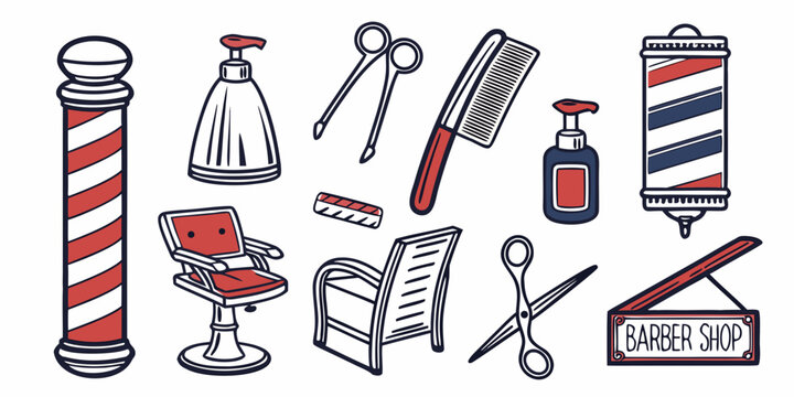 A collection of barber tools and equipment arranged neatly on a white background Vector