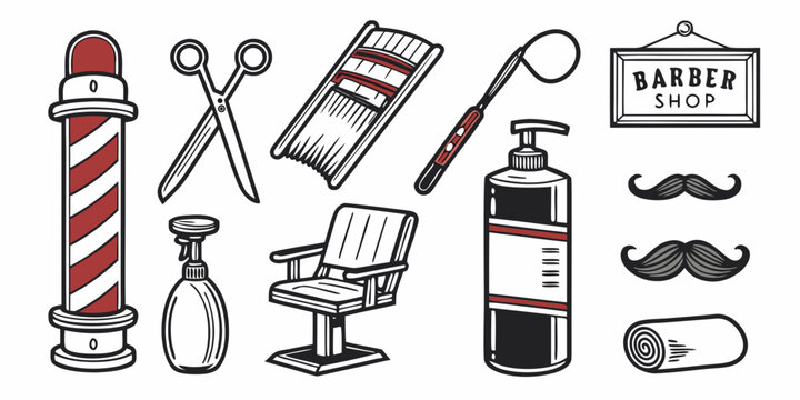 A collection of various barber tools and equipment on a white background Vector
