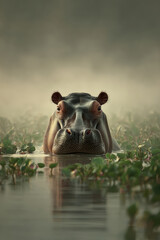 Hippopotamus in Misty Water Habitat &ndash; AI Generative