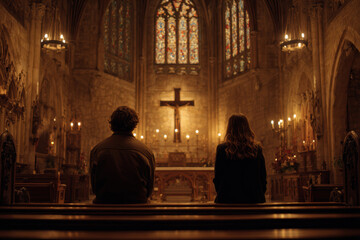 Couple Praying in Church &ndash; Minimalist Fashion Portrait &ndash; Generative AI &ndash; no real persons