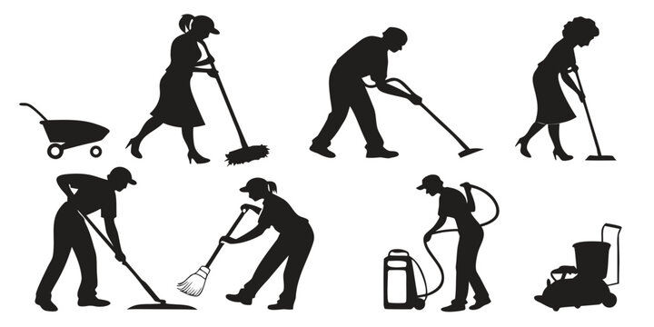 Various illustrations of people performing different cleaning tasks with brooms and mops Vector