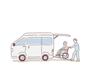送迎車に車椅子の高齢者を乗せる介護士、看護師