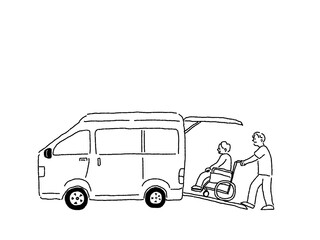 送迎車に車椅子の高齢者を乗せる介護士、看護師、線画、