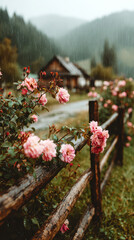 Rainy Alpine Village Rose Garden by Wooden Fence &ndash; AI Generative