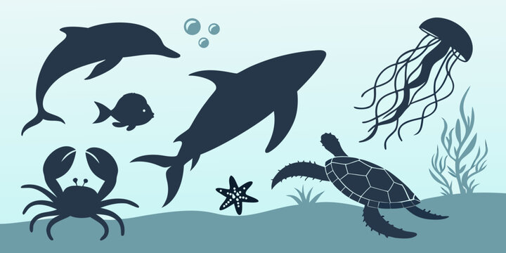 Underwater scene with a variety of sea creatures and a diver Vector