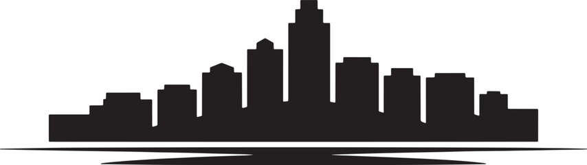 Obraz premium City skyline silhouette with reflection and varying building heights on a transparent background