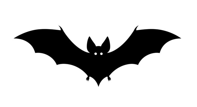 A silhouette of a black bat with its wings spread wide against a white background.