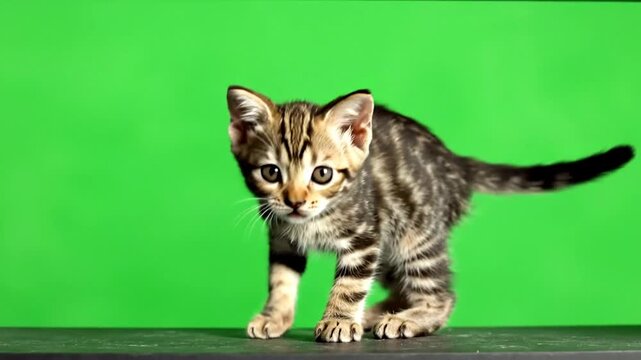 A cute small tabby kitten with striped fur stands on a dark surface in front of a vibrant green background.