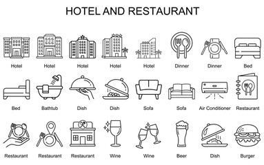 Hotel and Restaurant Icon Set With Dinner,Bed,Bathtub,Dish,Sofa,Air Conditioner,Wine,Beer,Burger