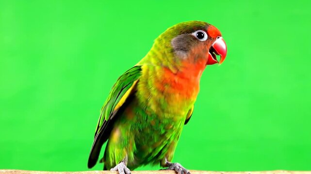 A vibrant green and orange lovebird parrot with a red beak perched against a bright green background.