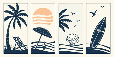A serene tropical beach scene with palm trees and a sunset view Vector