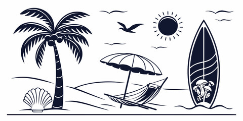 A serene beach scene featuring palm trees, a sailboat, and a starry night sky. Vector