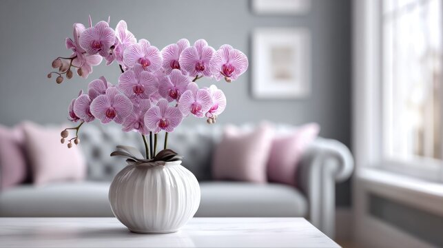 Elegant orchid arrangement in a white vase on a table in a living room