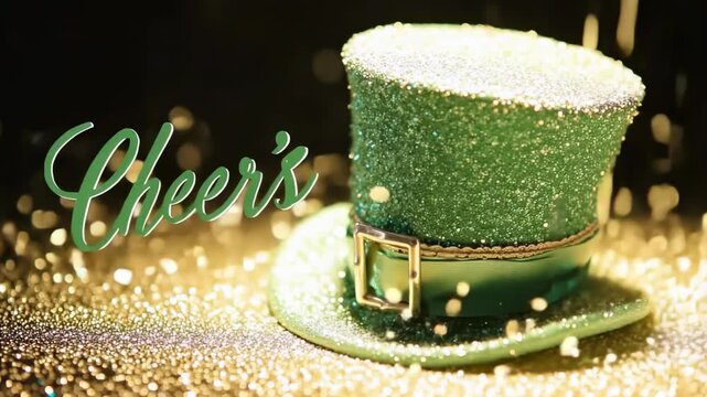 Green glitter leprechaun hat with gold buckle on festive lights background for St Patrick Days party